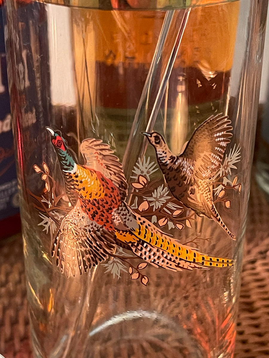 Vintage Glass Martini Cocktail Pitcher With Pheasants And Gold Trim WITH  Stirrer