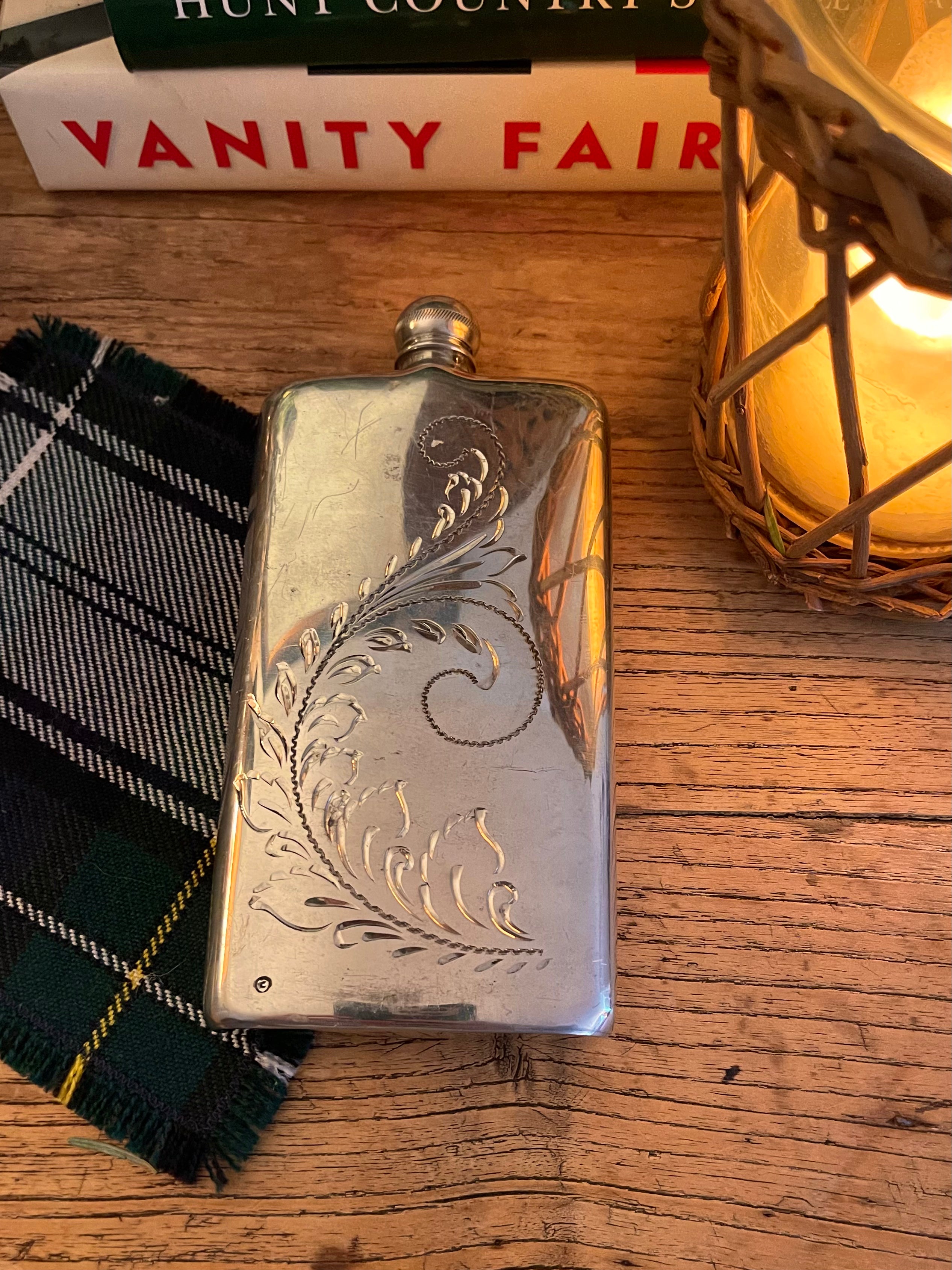 Vintage English Hand Etched Pewter Flask