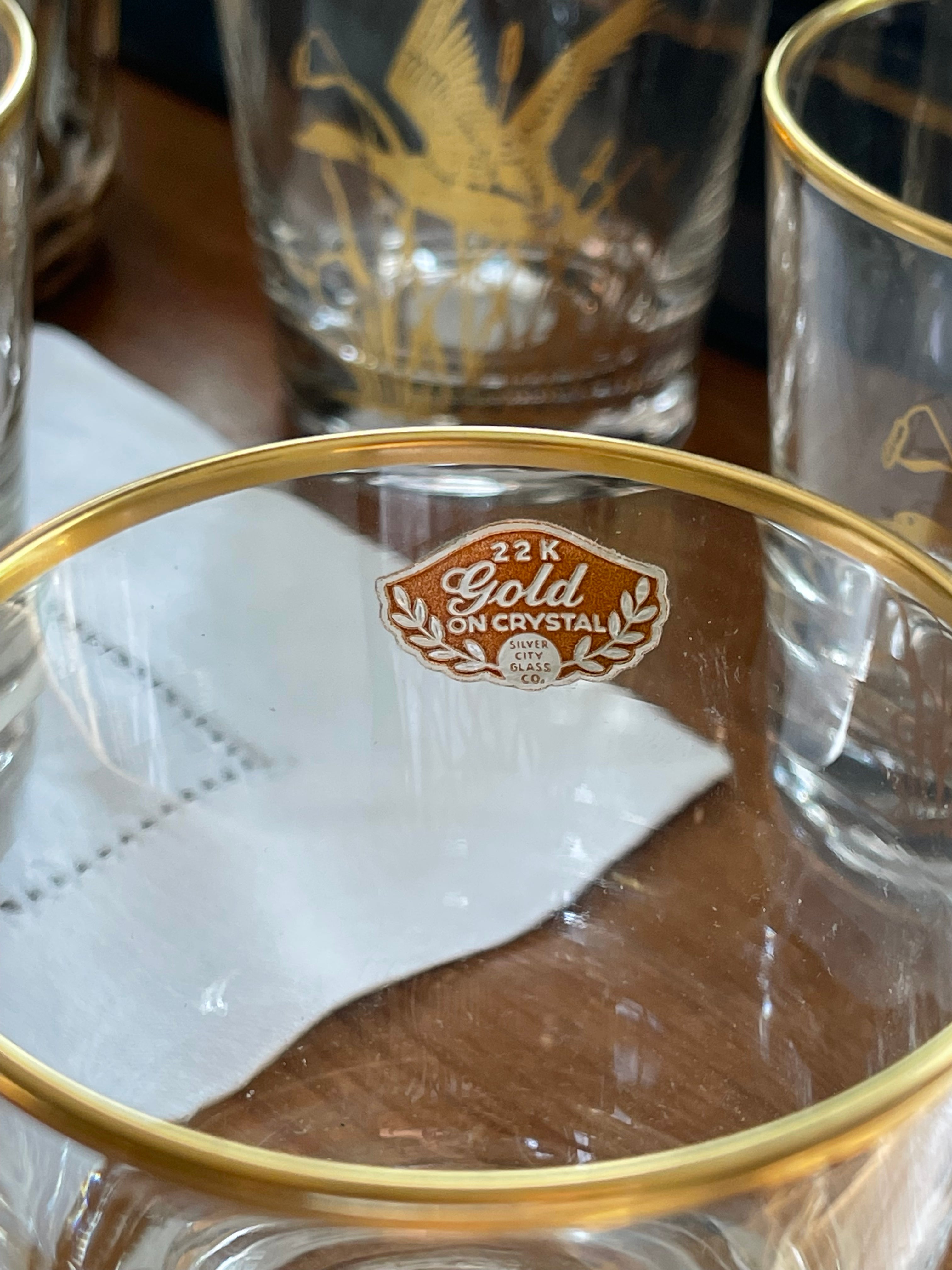 Vintage Gold on Crystal Mallard Old Fashioned Glasses - Set 6