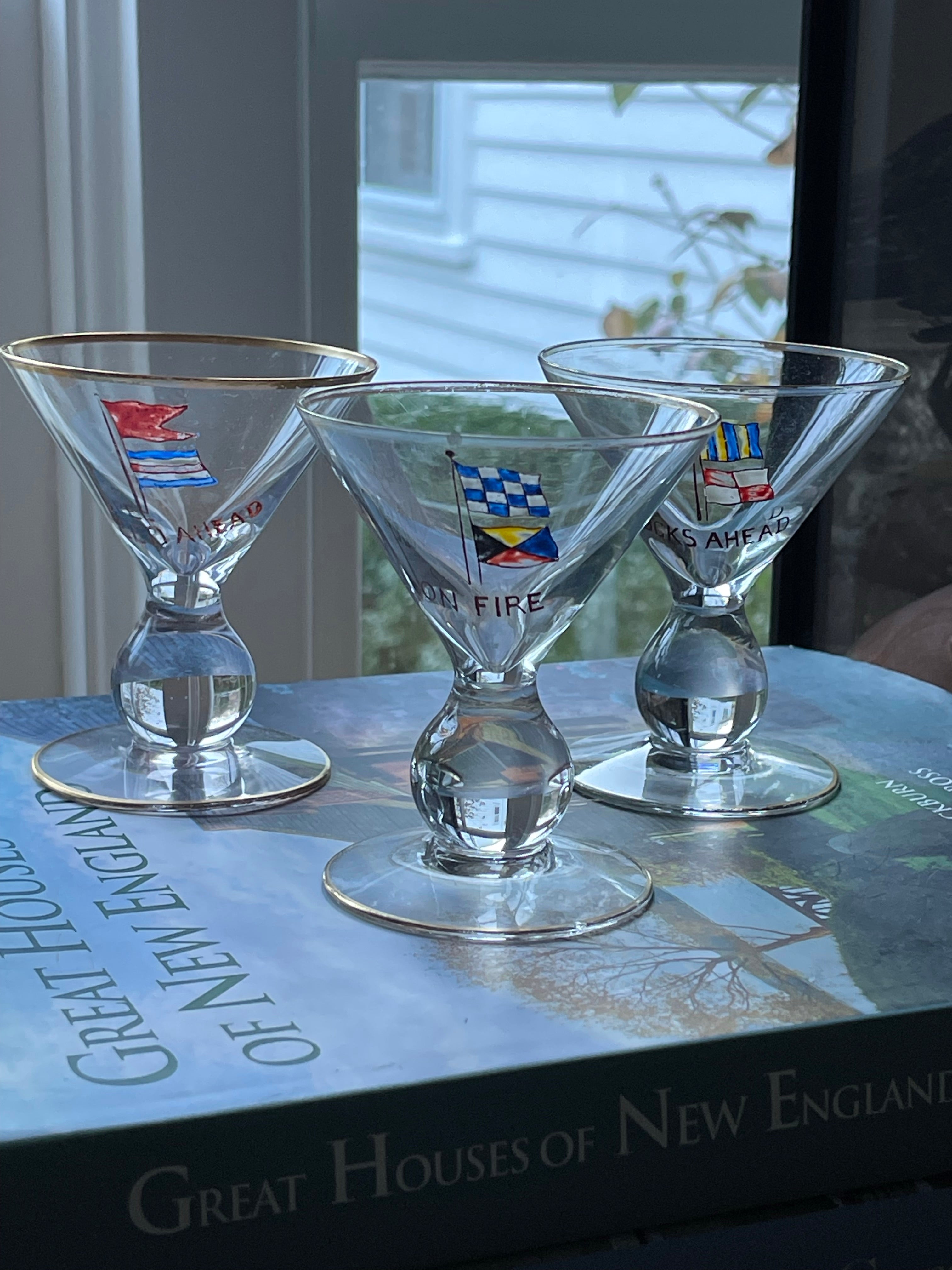 Vintage Hand Painted Nautical Flag Martini Glasses - Set 6